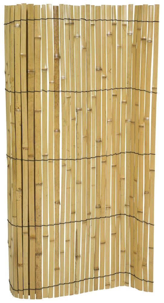 Innendørs skjerm av bambus med svarte tråder.