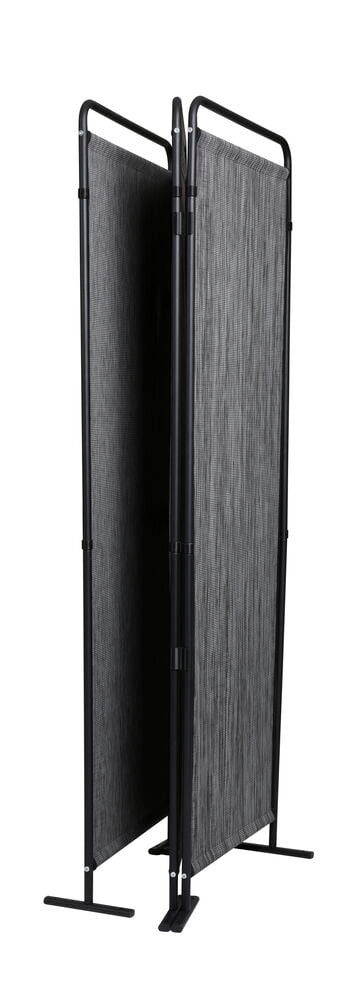 Schwarzer klappbarer Sichtschutz mit Stahlrahmen und Textilene.