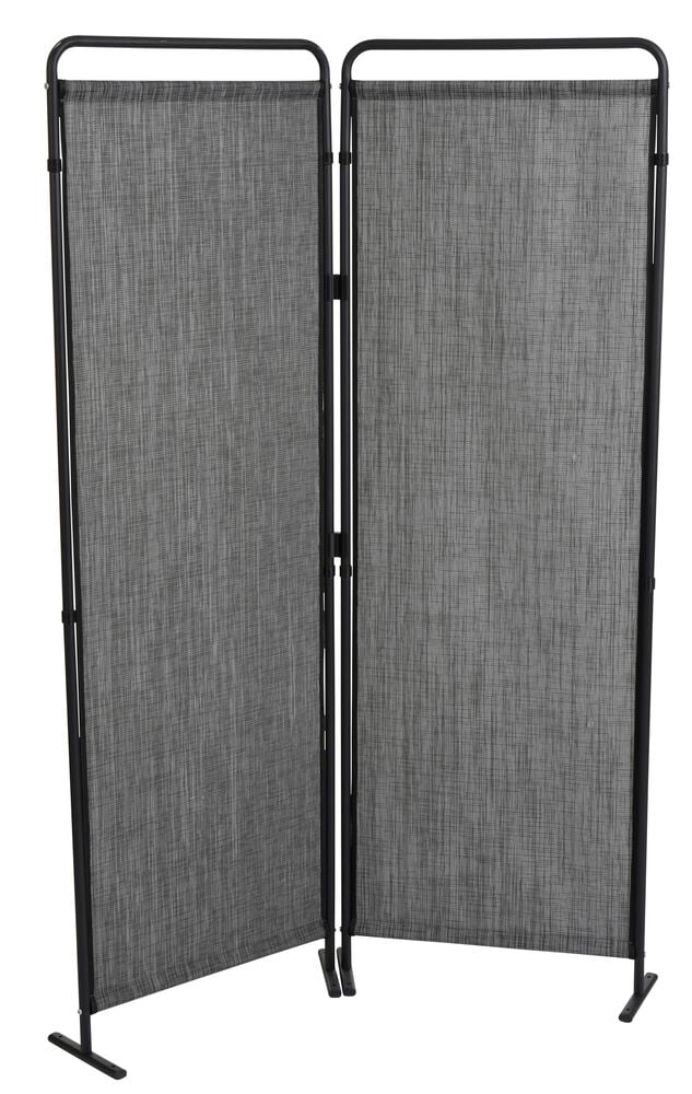 Schwarzer klappbarer Sichtschutz mit Doppelplatten.