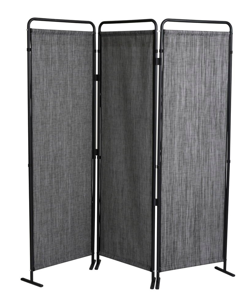 Schwarzer faltbarer Sichtschutz aus Textilene mit Stahlrahmen.
