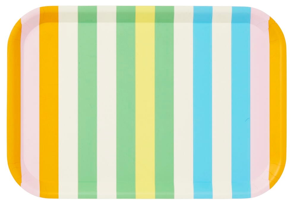Rektangulær brett i plast med fargerike striper.