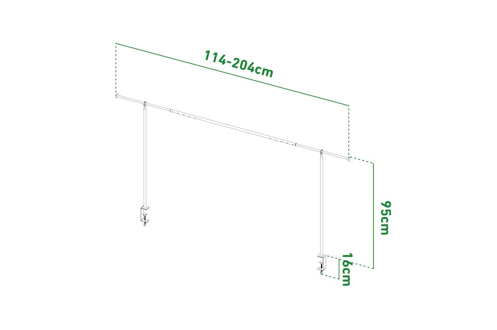 Harmaa teräksinen teline säädettävällä pituudella.