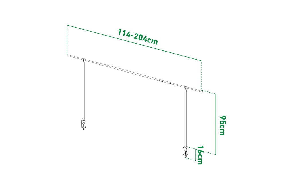 Tecknad dekorationsställning med måttangivelser och fästen.