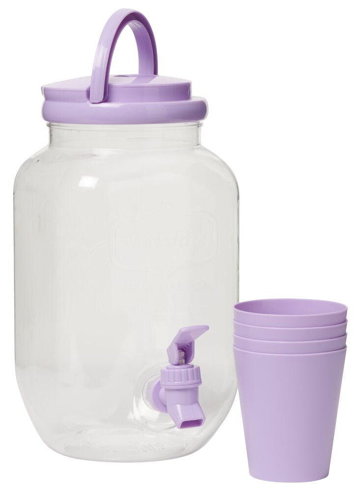Läpikuultava juoma-astia, jossa on violetti kansi ja neljä mukia.