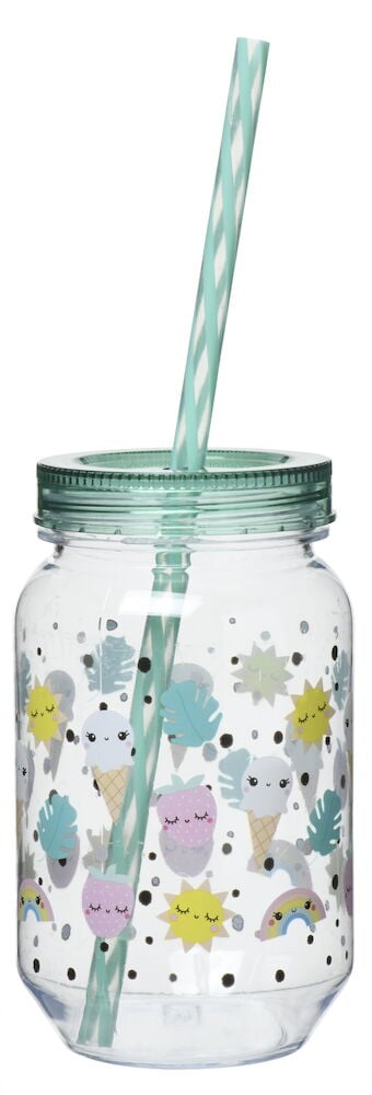 Gjennomsiktig glasskrukke med grønt lokk og sugerør.