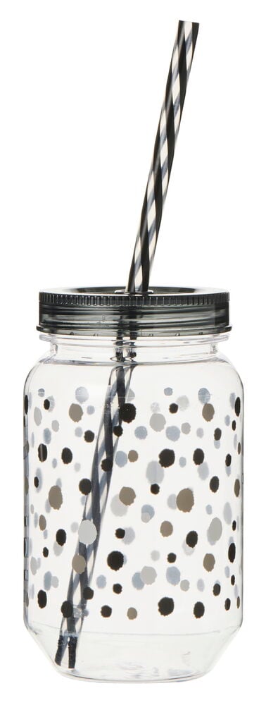 Glasskrukke med svart plastlokk og sugerør.