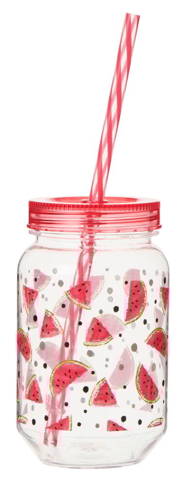 Glasskrukke med rødt lokk og mønster av vannmelon.