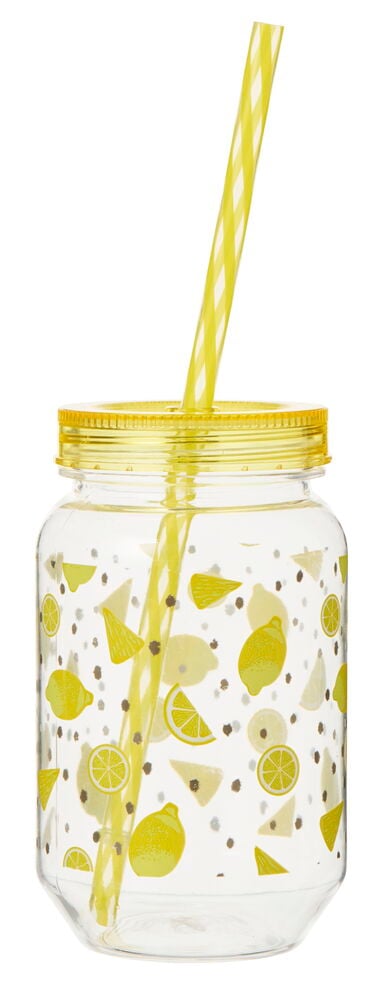 Glasskrukke med sitronmønstret lokk og sugerør.