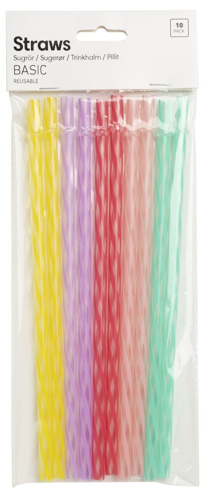 Zehn bunte Plastikstrohhalme in transparenter Verpackung.