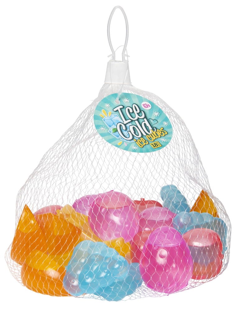 Fargerike fruktformede isbiter i nettingpose.
