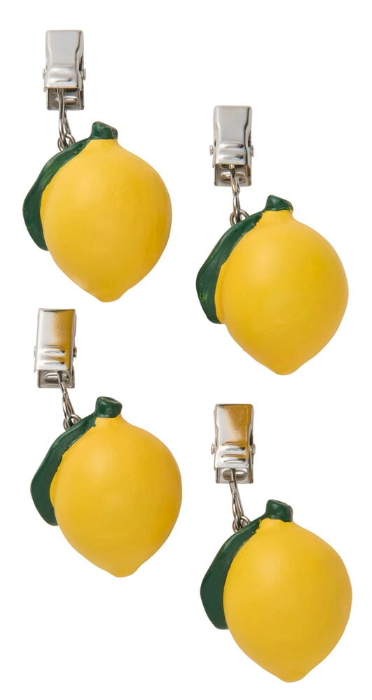 Vier Tischdeckenbeschwerer 4er-Pack Zitronen, jeder mit einer gelben Zitrone, grünem Blatt und silbernem Metallclip.