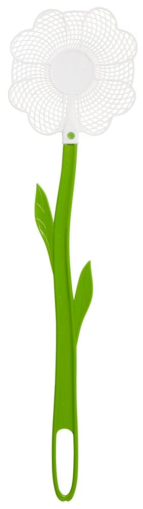 Hvit blomsterformet nettfluesmekker med grønt stilklignende håndtak, to blader og en opphengshempe.