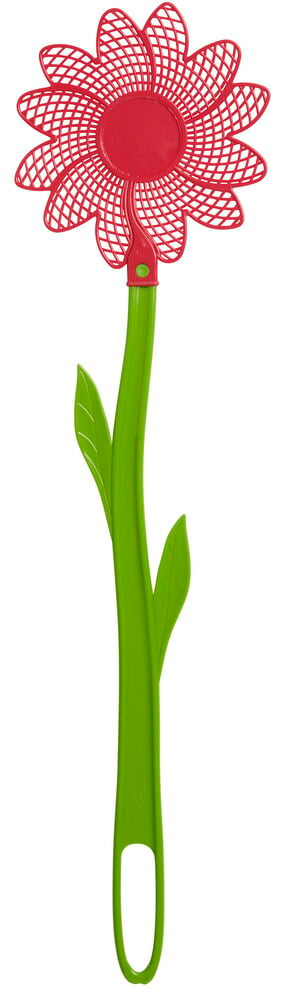 En blomsterformet fluesmekker med et rødt nettformet hode og en grønn stilk med blader.
