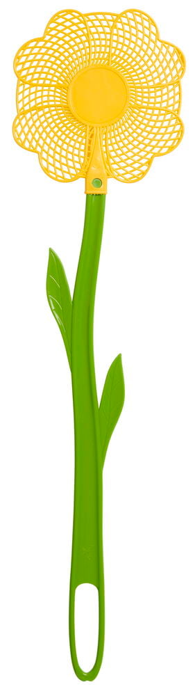 En blomsterformet fluesmekker med gult hode og grønn stilk med blader, blandede farger.