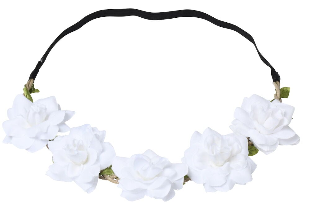 Hiuspanta, jossa on valkoisia muovikukkia ja musta kuminauha.