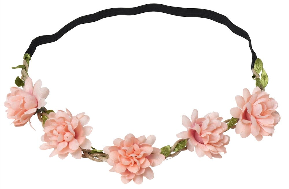 Hiuspanta, jossa on vaaleanpunaisia kukkia ja vihreitä lehtiä.