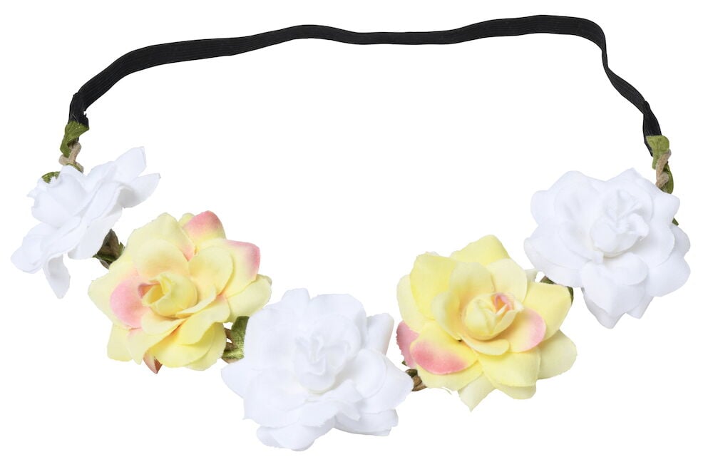 Hiuspanta, jossa on valkoisia ja keltaisia muovikukkia.