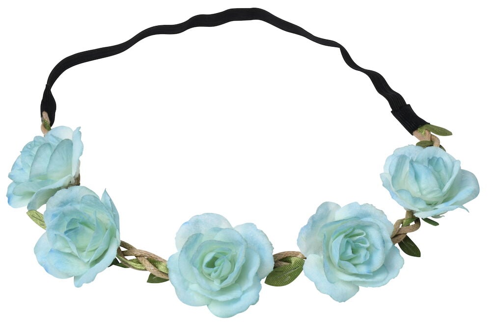 Sininen hiuspanta, jossa on viisi keinotekoista kangaskukkaa.