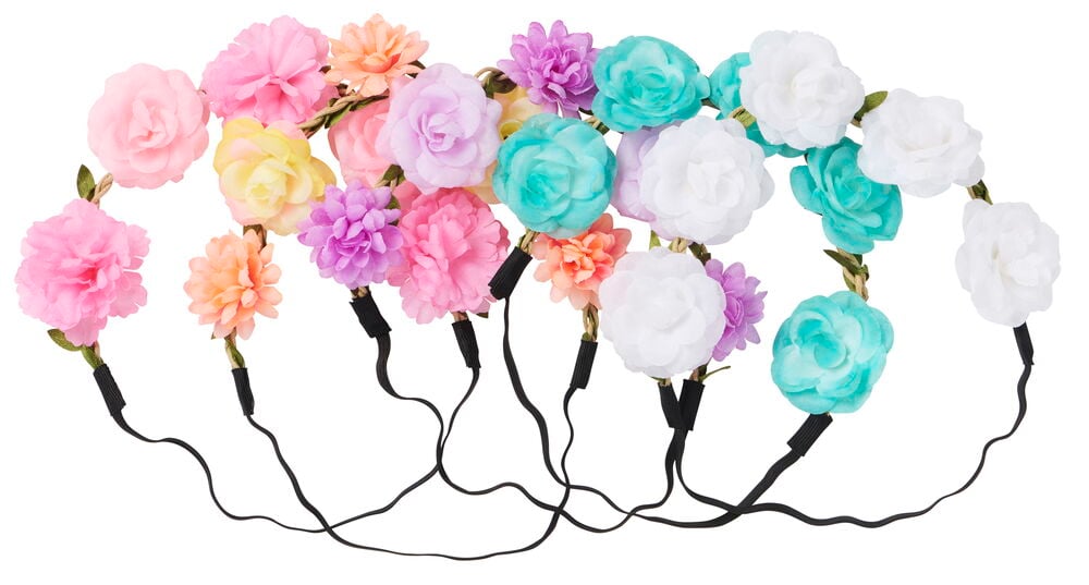 Useita hiusnauhoja peräkkäin värikkäillä kangaskukilla.