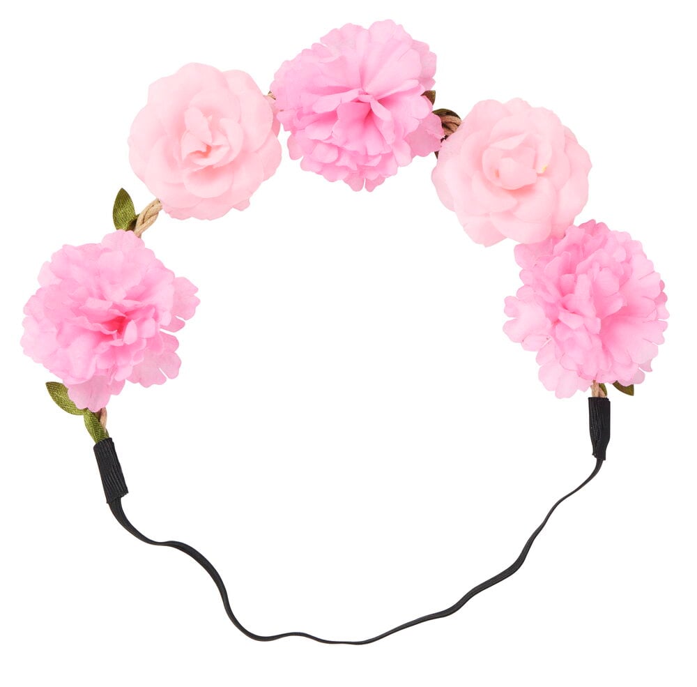Vaaleanpunainen hiuspanta, jossa on viisi muovikukkaa ja joustava nauha.