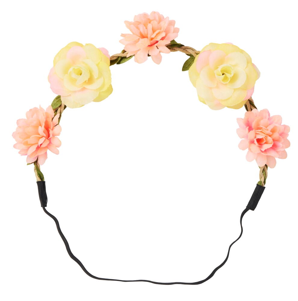 Hiuspanta, jossa viisi vaaleanpunaista ja keltaista muovikukkaa.