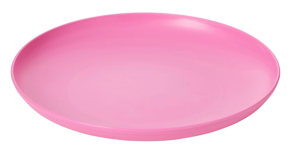 Pyöreä vaaleanpunainen muovilautanen, jossa on matala reuna.