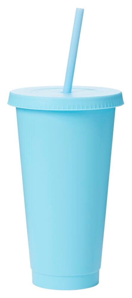 Blå plastmugg med lock och sugrör.