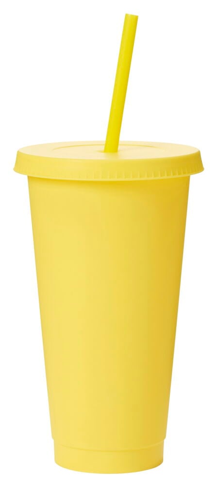 Gul mugg med lock och sugrör.