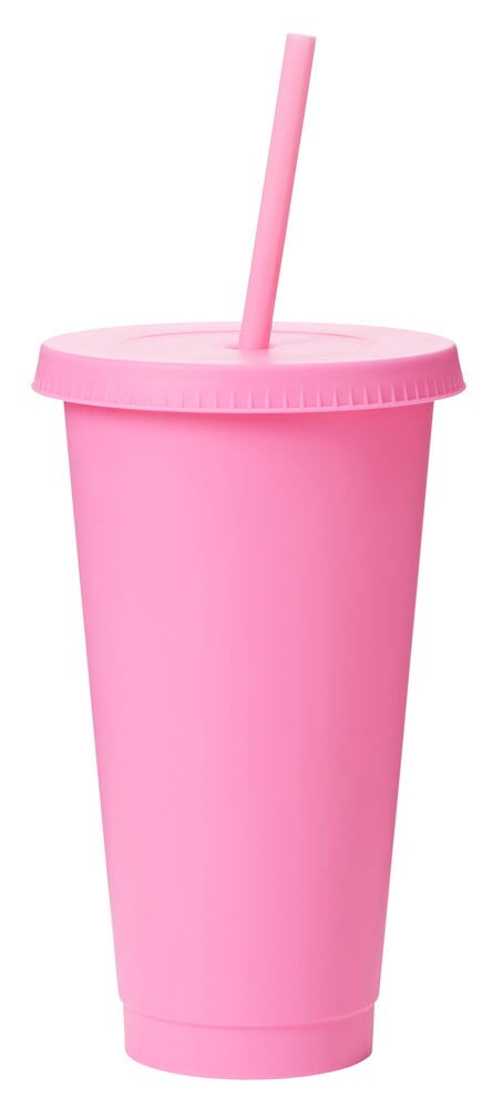 Rosa mugg med lock och sugrör.