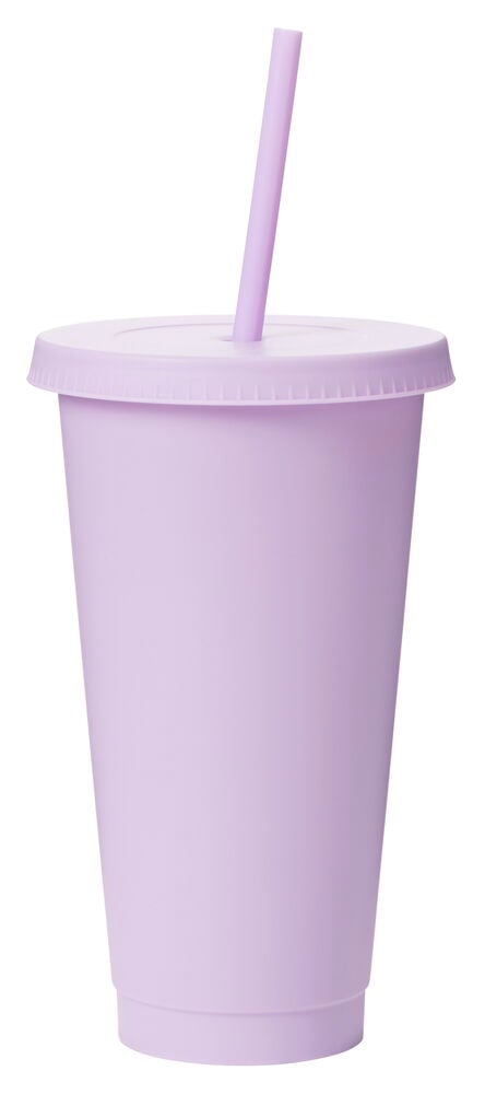 Ljuslila mugg med lock och sugrör.