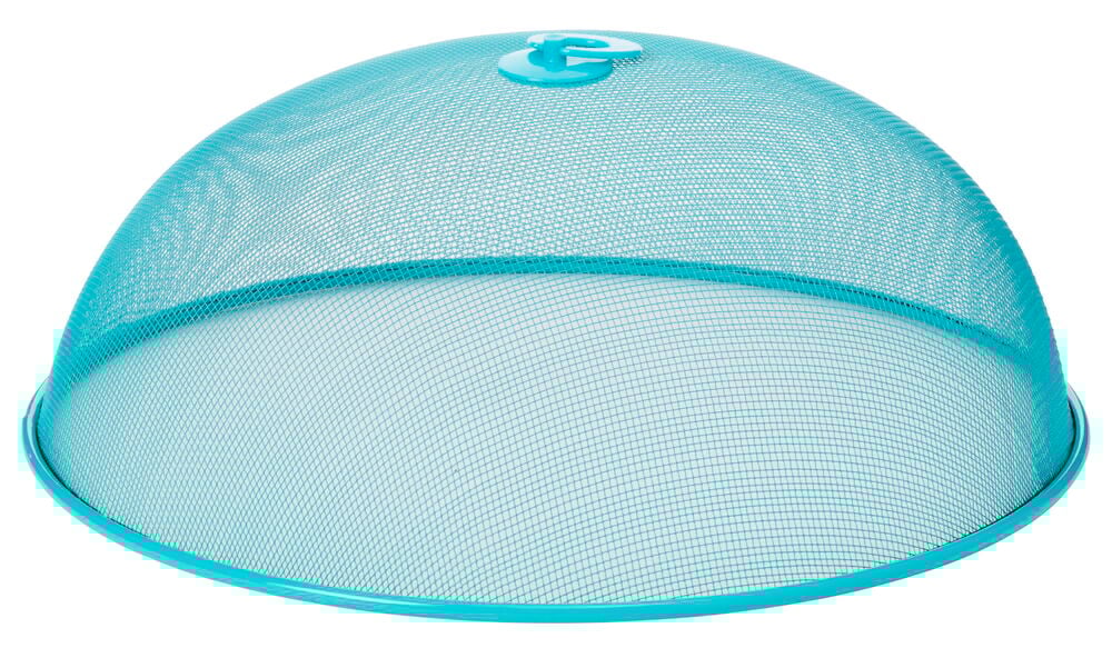 Turkoosi metallinen ruokasuoja kupolinmuotoinen.