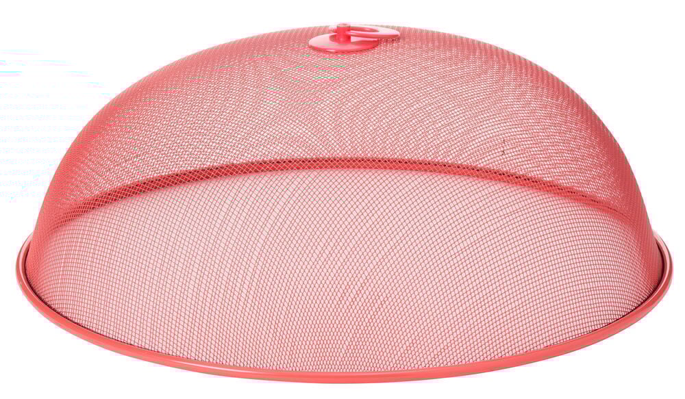 Punainen metalliverkosta valmistettu ruokasuoja, jossa on kahva.