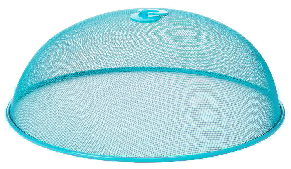 Sininen metalliverkko ruokasuoja, jossa pyöreä kupolimalli.