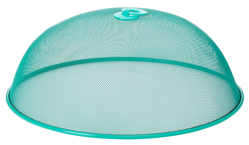 Vihreä metalliverkko ruokasuoja, jonka päällä kahva.