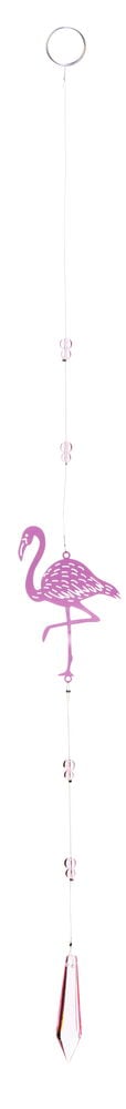 Hängande mobil med rosa flamingo och prismor.