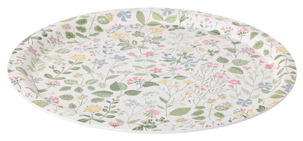 Rund Tablett Ø35 cm Gemischte Muster, mit farbigem Blumendesign auf weißem Grund.