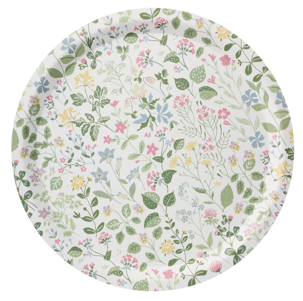 Ein Rund Tablett Ø35 cm Gemischte Muster, mit pastellfarbenen Wildblumen und grünen Blättern auf weißem Hintergrund.