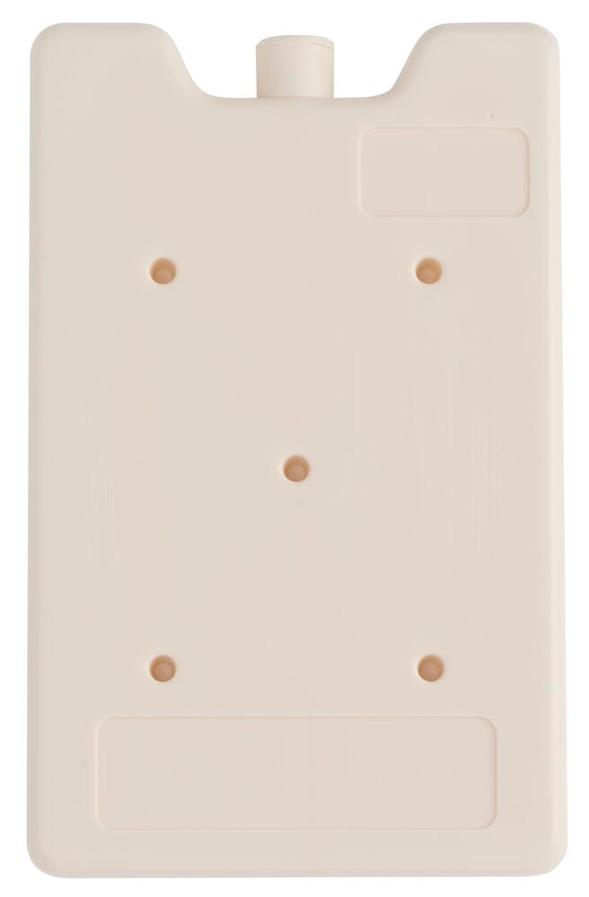 Ljusbeige rektangulär Kylbricka 41x27x4 cm med rundade hörn, ett utsprång upptill och flera fördjupningar.