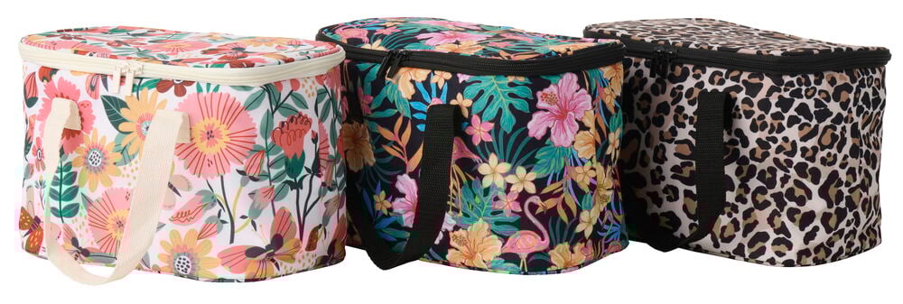 Drei 6-Liter-Kühltaschen mit gemischten Mustern: weiß geblümt, schwarz tropisch und beige Leopard.