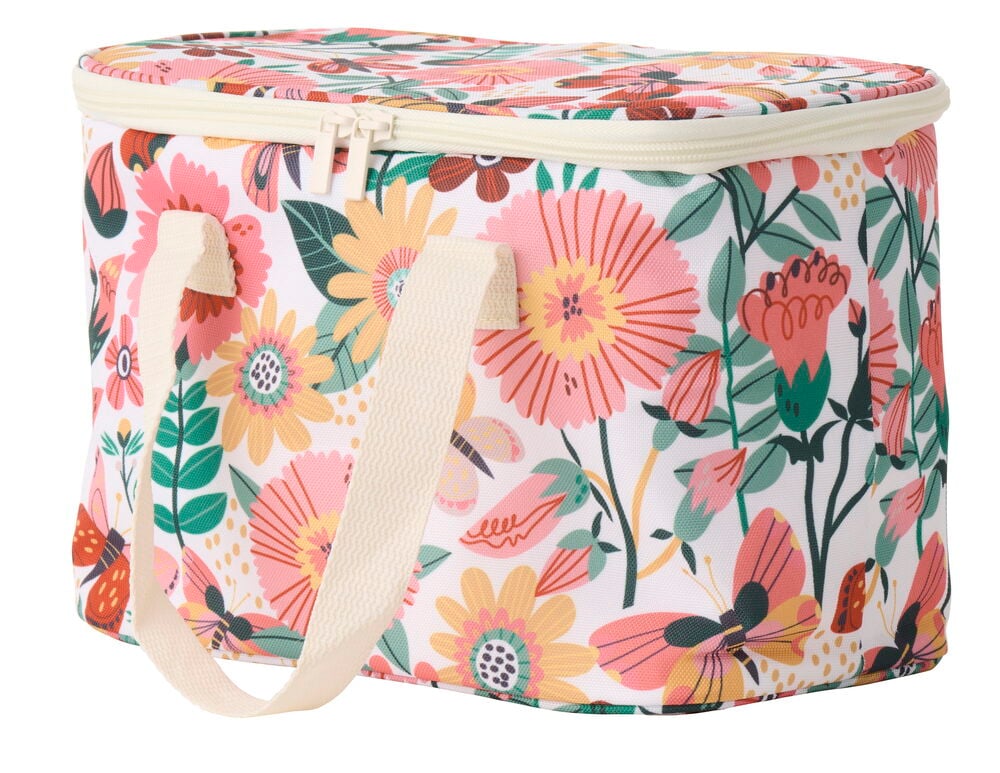 Kühltasche 6 Liter Gemischte Muster mit farbenfrohem Blumenmuster, Reißverschluss oben und zwei cremefarbenen Stoffgriffen.