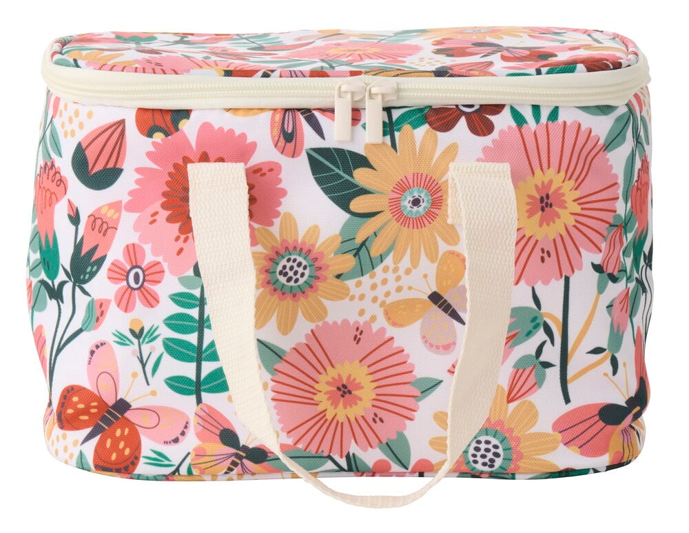 Kühltasche 6 Liter Gemischte Muster: Weiße Kühltasche mit farbigem Blumen- und Schmetterlingsmuster, cremefarbenem Reißverschluss und zwei Griffen.