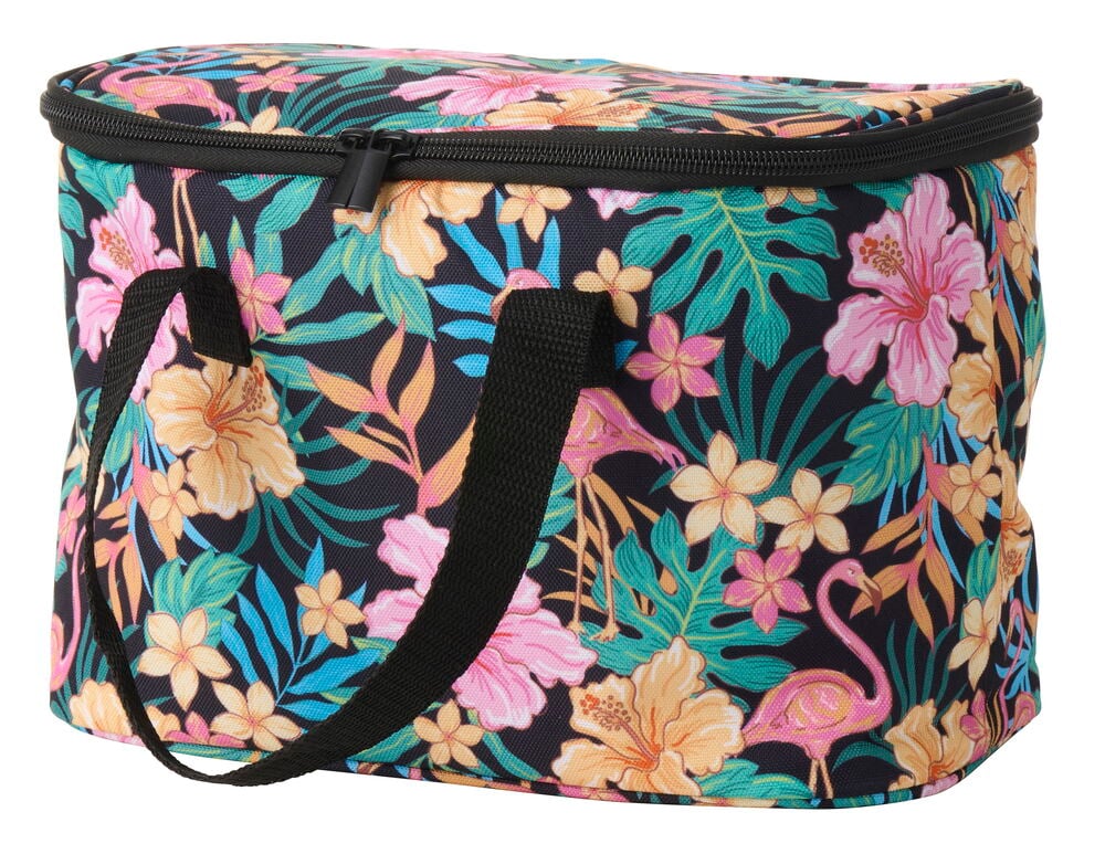Eine schwarze Kühltasche 6 Liter mit tropischen gemischten Mustern, schwarzem Reißverschluss und zwei schwarzen Griffen.