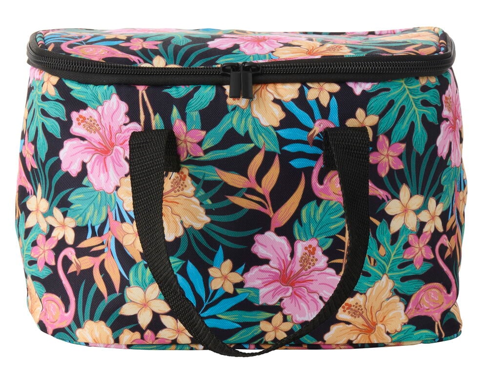 Kühltasche 6 Liter Gemischte Muster, schwarz mit tropischen Flamingos, Hibiskusblüten und Blättern, mit Reißverschluss und zwei Henkeln.