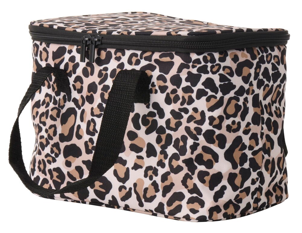 Eine rechteckige Kühltasche 6 Liter Gemischte Muster mit schwarzem Reißverschluss und Griffen auf weißem Hintergrund.