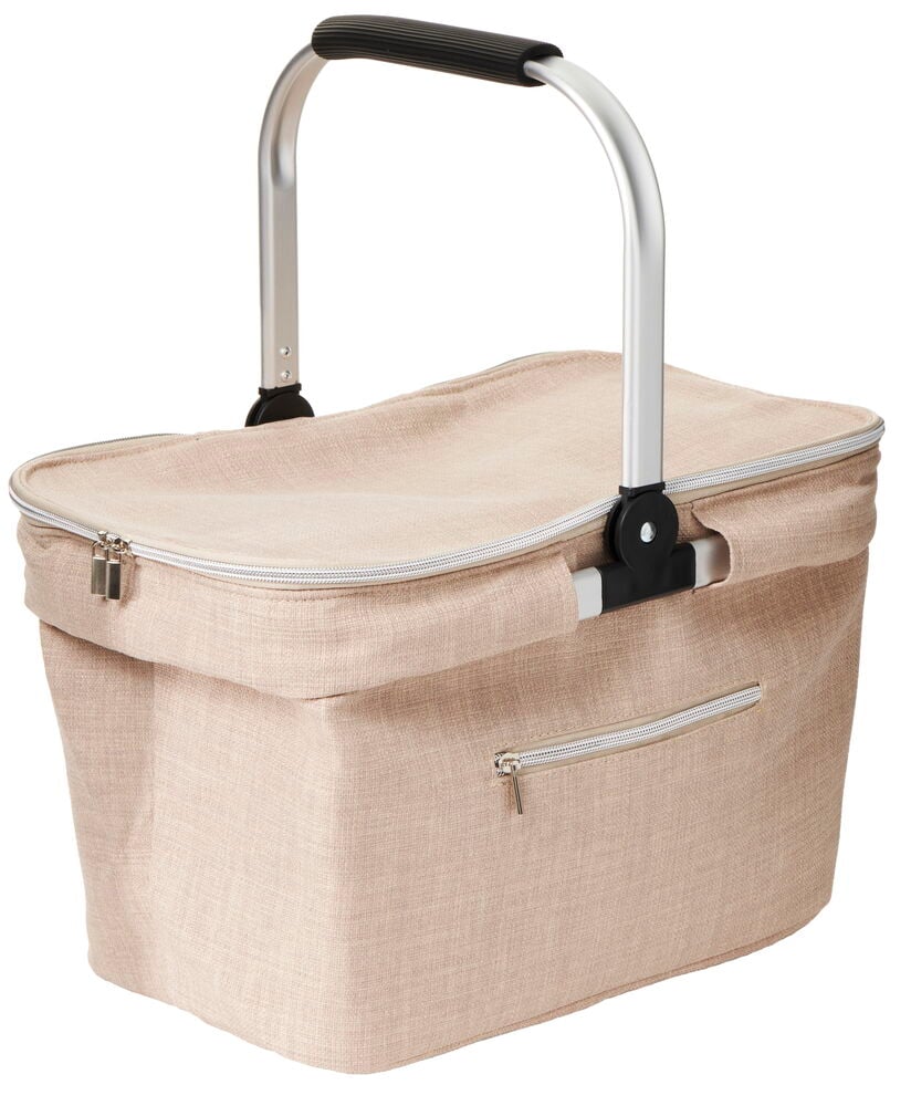 Beige Kühlbox mit Reißverschluss und praktischem Griff.