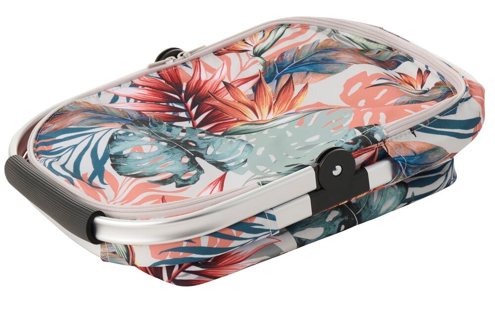Kühltasche Astrid mit gemischtem tropischen Blattmuster, Aluminiumrahmen und grauem Griff.