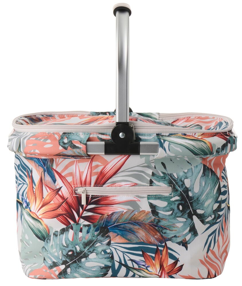 Kühltasche Astrid Verschiedene Farben mit tropischem Blättermuster, Reißverschlussdeckel, Fronttasche und Aluminiumgriff.