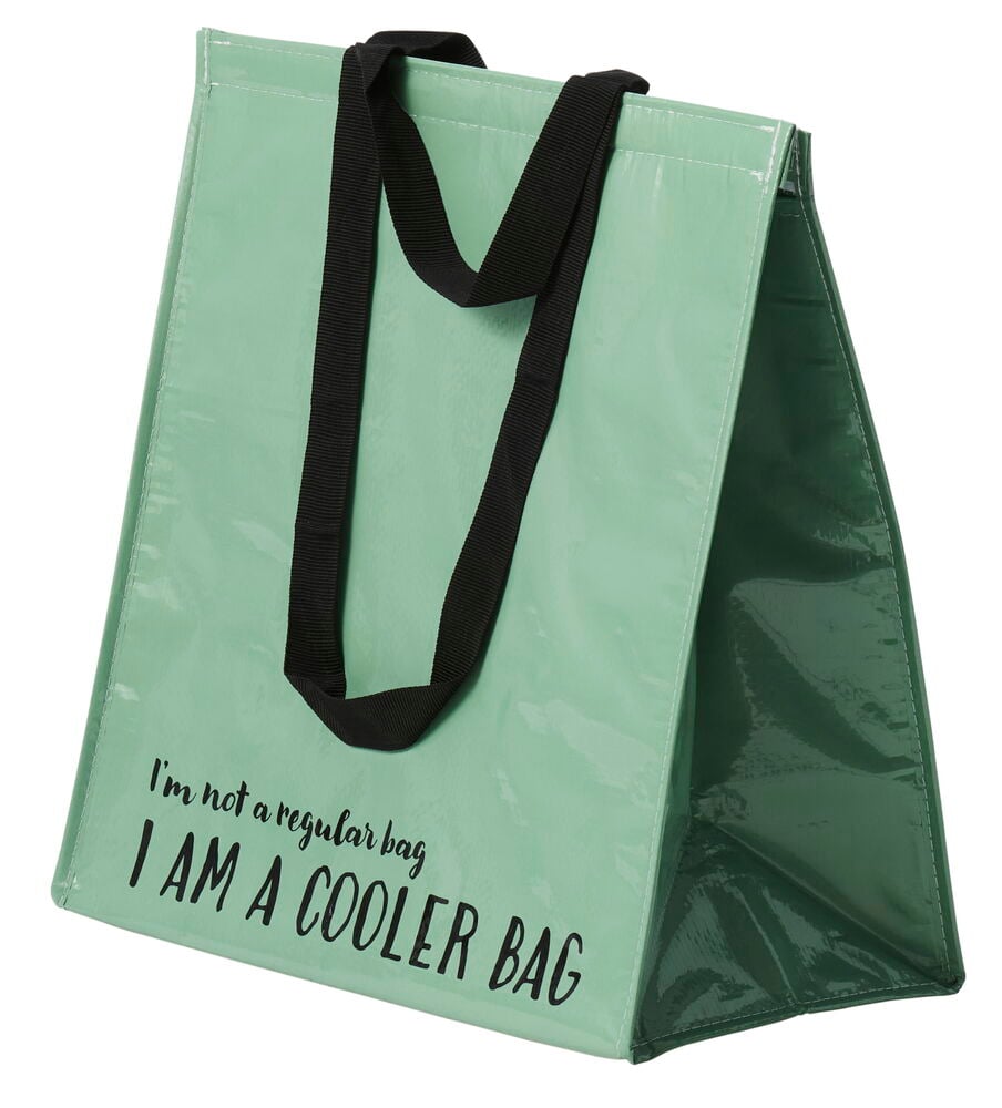 Grønn kjølebag med svarte håndtak og tekst.
