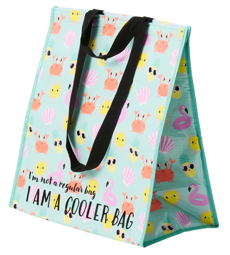 Kjøleveske med fargerike dyremotiv og svarte håndtak.