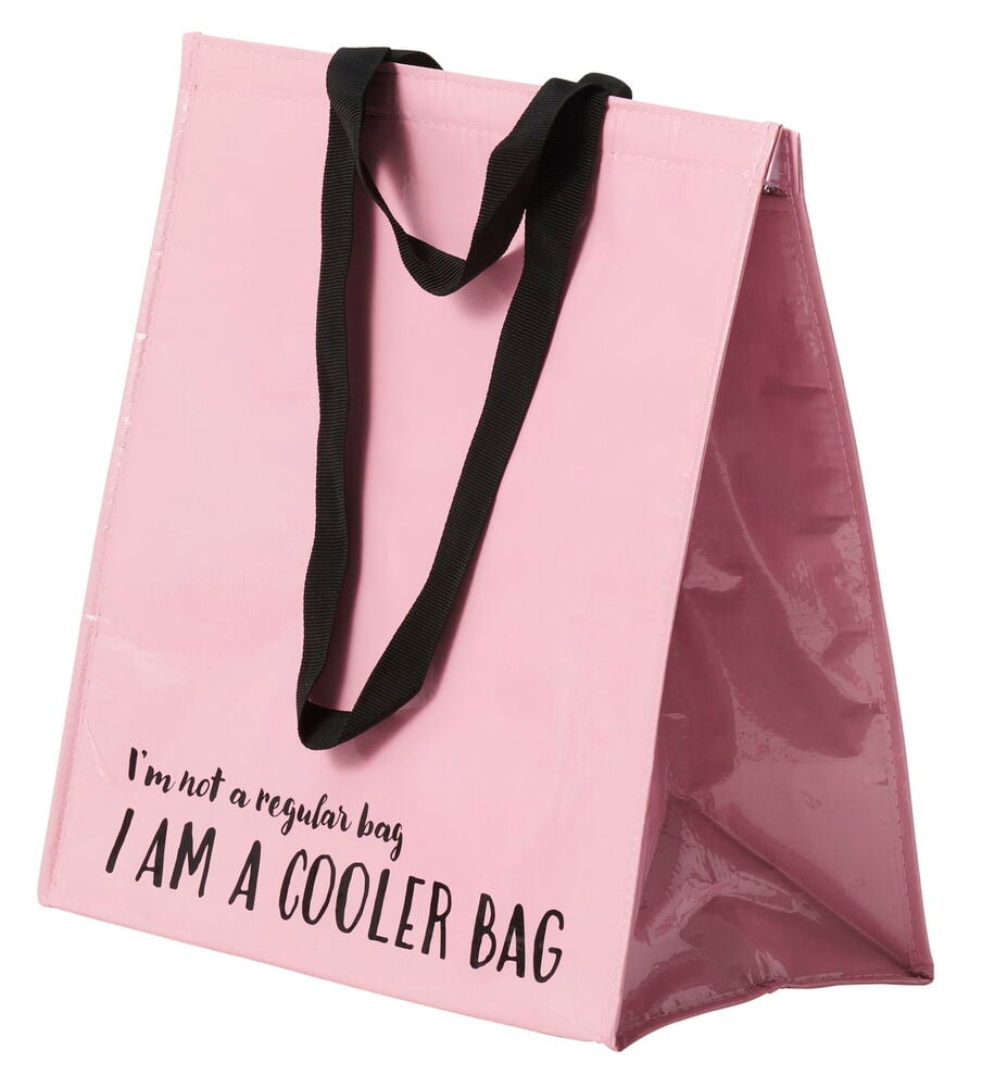 Rosa kjølebag med svarte håndtak og tekst.